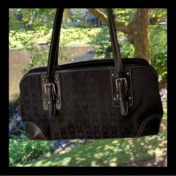 Vintage Fossil Shoulder bag large black leather canvas silver hardware Y2K - Picture 15 of 15